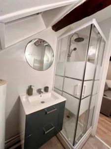 La salle de bains est pourvue d'un lavabo et d'un miroir. dans l'établissement Appartement Cosy Nemours, à Nemours