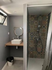 een badkamer met een douche, een wastafel en een spiegel bij Rivière, maison chaleureuse. in Rivière