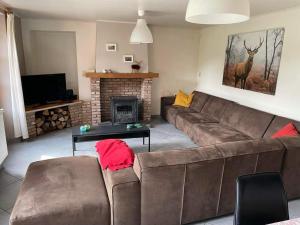 ein Wohnzimmer mit einem braunen Sofa und einem Kamin in der Unterkunft l'oiseau d'eau in Bouillon