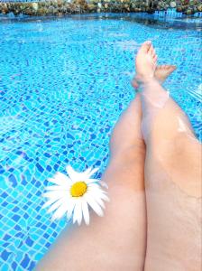 una persona tendida en una piscina con una flor en La Quiteñita Papallacta, en Papallacta
