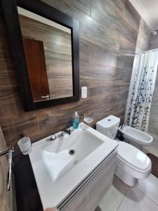 a bathroom with a sink and a toilet and a mirror at Alberdi 1218 in Colón