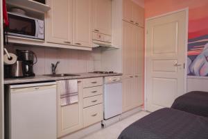 a small kitchen with white cabinets and a microwave at Cozy studio with sauna in the middle of Levi in Levi