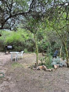 a table and two chairs sitting under a tree at Departamento serrano in Nono