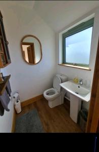 a bathroom with a toilet and a sink and a mirror at Norville in Horam