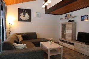 a living room with a couch and a tv at Ferienhaus Henneseeblick - Lake - View - Terrace - Hils - Wood - WIFI in Meschede