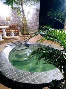 un bain à remous dans un jardin avec des plantes dans l'établissement Pousada Recanto Guatambu - Sobrado, à Chapada dos Guimarães
