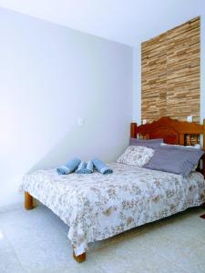 - une chambre avec un lit doté d'oreillers bleus dans l'établissement Pousada Recanto Guatambu - Sobrado, à Chapada dos Guimarães