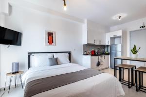a bedroom with a large bed and a kitchen at Pagani Green - Luxury Studio A2 in Faraí