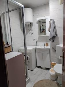 La salle de bains blanche est pourvue d'un lavabo et de toilettes. dans l'établissement Stan na dan Foca, à Foča