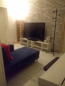 a living room with a tv and a blue couch at 3 chambres à louer dans l'appartement deux pas à Tramway2 in Colombes