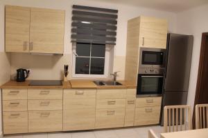 a kitchen with wooden cabinets and a black refrigerator at Apartmány 264 in Albrechtice v Jizerských horách