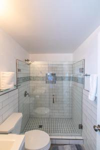 a bathroom with a glass shower with a toilet at High Rise Downtown Condo With Skyline View in Atlanta