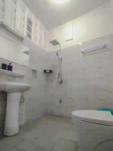 een witte badkamer met een toilet en een wastafel bij Appartement cosy Cotonou 1 chambre in Cotonou