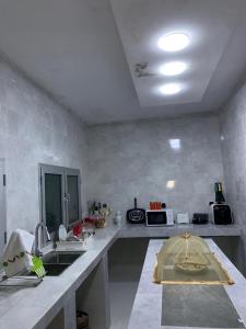 a kitchen with a sink and a counter top at Natoose Lodge in Saint-Louis