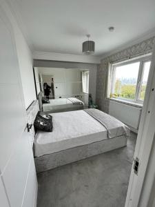 a bedroom with two beds and a large window at Fantastic Resting house in London