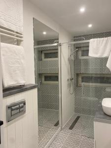 a bathroom with a shower with a glass door at Tabago Studio 14 in Nysa