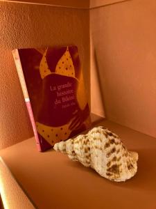 un libro sentado en la parte superior de un estante junto a un pez en Jardim Boêmio, en Cananéia