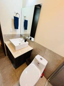 een badkamer met een wit toilet en een wastafel bij Departamento Quinta in San Miguel de Allende +9 foto's