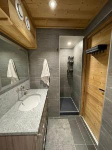 un baño con lavabo y ducha en Très bel appartement spacieux, en Les Carroz d'Araches 10 fotos más