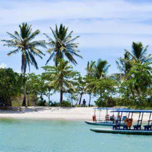 dos barcos en el agua cerca de una playa con palmeras en Casa da Ilha en Itamaracá