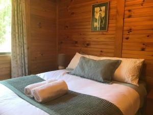 łóżko w pokoju z drewnianymi ścianami w obiekcie The Cabin By the Sea - Cosy Waterfront Getaway w mieście Lunawanna