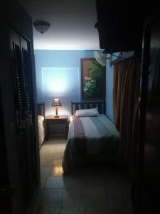 a bedroom with a bed and a lamp on a table at HotelCasaMorazanGranadaNicaragua in Granada