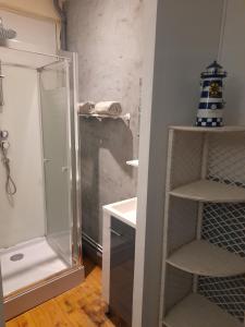 een badkamer met een douche en een glazen achterdeur bij L'Anéda - STUDIO vue panoramique sur Mer - 2 personnes - Animaux OK - Wifi in Mers-les-Bains