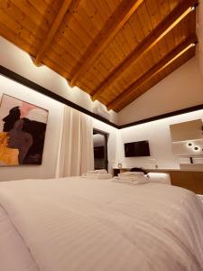 a bedroom with a large white bed and a television at Oiko Worth Living No7 in Ioannina