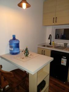 ein Tisch mit einer Flasche Wasser und ein Weihnachtsbaum darauf in der Unterkunft Cabañas Campestres Altos de Leñadura Punta Arenas in Punta Arenas