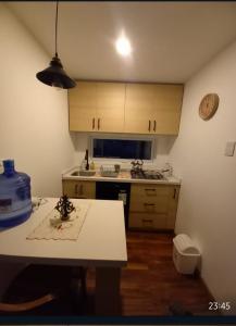 eine Küche mit Tisch und Arbeitsplatte in der Unterkunft Cabañas Campestres Altos de Leñadura Punta Arenas in Punta Arenas