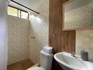 a bathroom with a toilet and a sink and a mirror at Pine Hill apartment 1 bedroom 1 bathroom in Baños