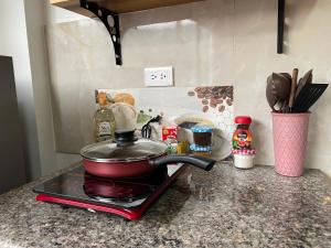 a kitchen counter with a pot on a stove at Pine Hill apartment 1 bedroom 1 bathroom in Baños