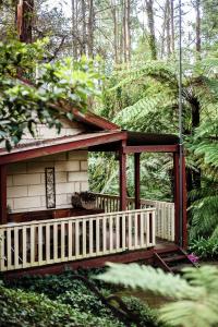 eine kleine Hütte mit einer Veranda im Wald in der Unterkunft The Fernglen Forest Retreat in Mount Dandenong