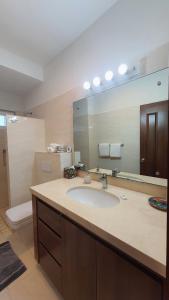 a bathroom with a sink and a large mirror at Departamento Mauricio #2 in Bucerías