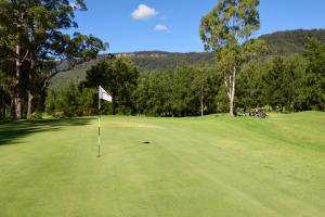un campo de golf con una bandera en el green en Blue Gums Cottage, en Valle Kangaroo