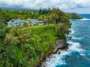 Honomu的住宿－Hamakua Hotel，近海悬崖上房屋的空中景观