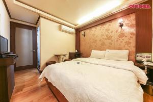 首爾的住宿－Coups Hotel，酒店客房设有一张大床和一台电视。
