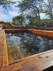 una piscina de agua en una terraza de madera en Anka Lodge Quitor en San Pedro de Atacama