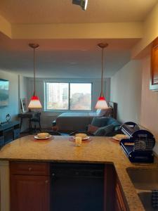 a kitchen and living room with two lights over a counter at Luxury Fully Furnished Studio Condo in Atlanta