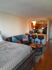 a bedroom with a bed and a couch and a kitchen at Luxury Fully Furnished Studio Condo in Atlanta