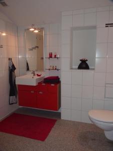 a bathroom with a red sink and a toilet at Haus zur Eule in Todtnau