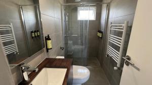 a bathroom with a shower and a toilet and a sink at Cabañas Los Coihues in Puerto Natales