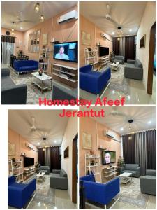 a living room with blue couches and a tv at Homestay Afeef Jerantut in Jerantut