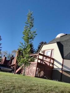 a house with a deck and a tree next to it at Under the Dome in Pocatello