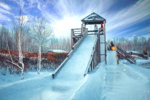 a person standing on a bridge in the snow at Rixos Borovoe in Borovoye