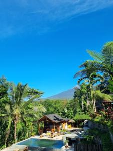 a view of a resort with a pool and palm trees at Tetebatu Sama Sama Bungalows in Tetebatu
