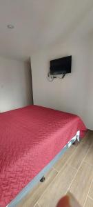 a room with a red bed with a flat screen tv at Lindo Apartamento en Parque Mateo in Guatemala