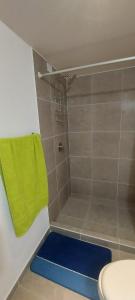 a bathroom with a shower with a green towel at Lindo Apartamento en Parque Mateo in Guatemala