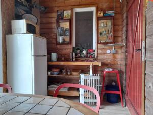 cocina con nevera, mesa y sillas en Maison Dougnac La Chamane, en Fleurance