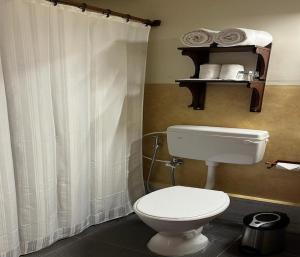 a bathroom with a toilet and a shower curtain at Mango Hill La Serene Puducherry in Pūrnānkuppam